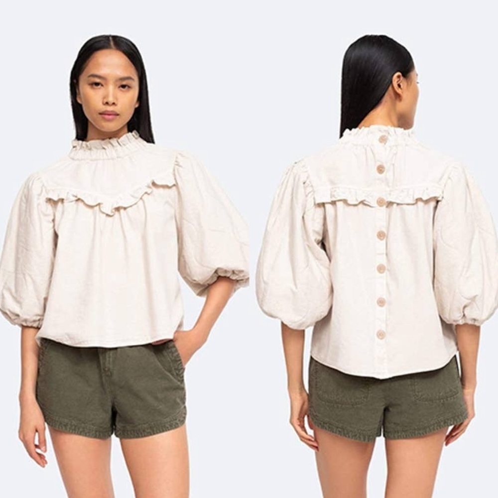 Sea NY Layla Quilted Puff Sleeve Cotton Ruffle Top